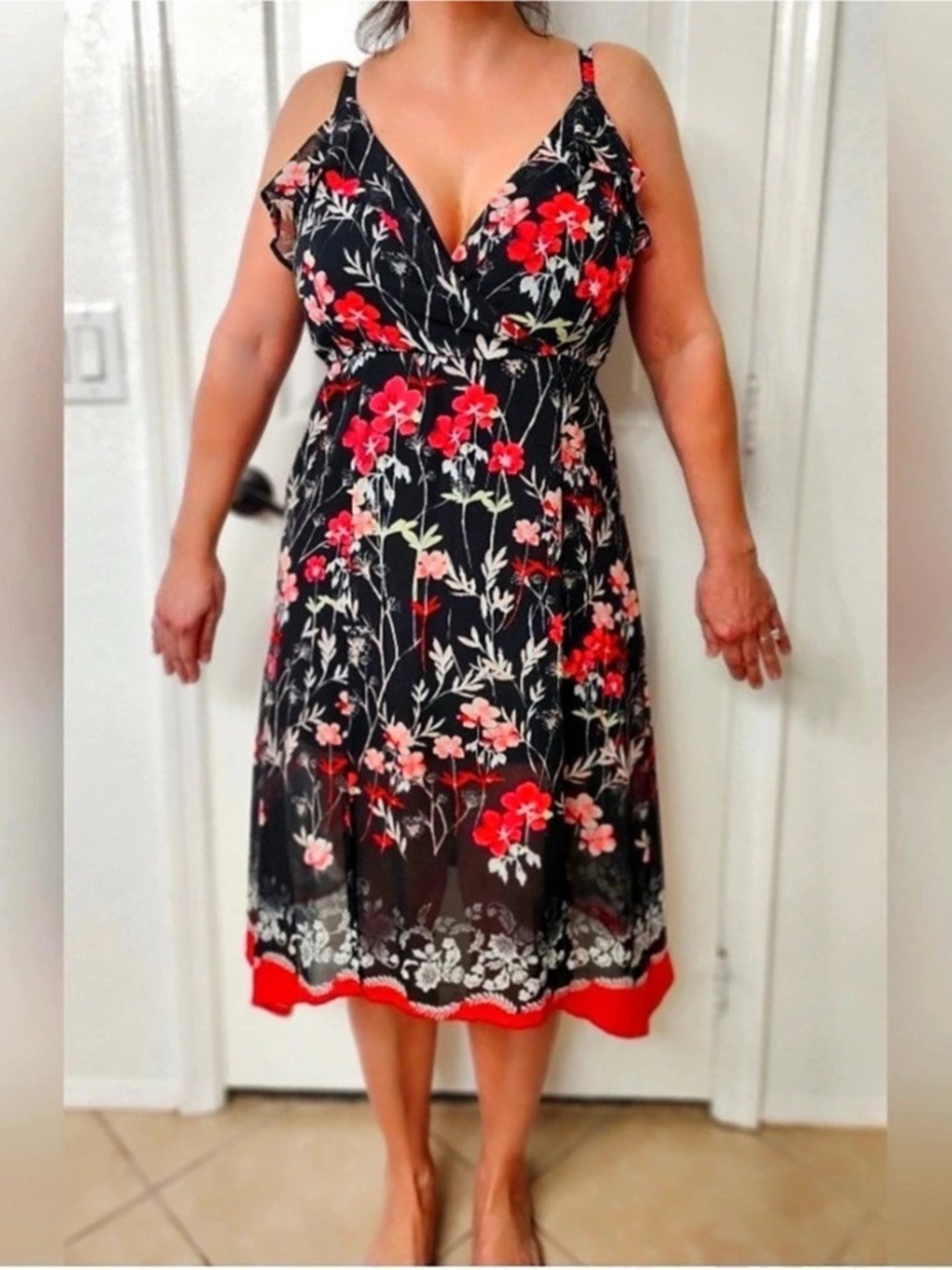 EXPRESS Floral Midi Ruffle Dress in Black & Red Chiffon  Size M
Like New